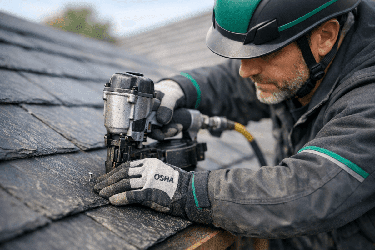 Close-up of roofer’s gloved hands securing slate tile with nail gun on roof