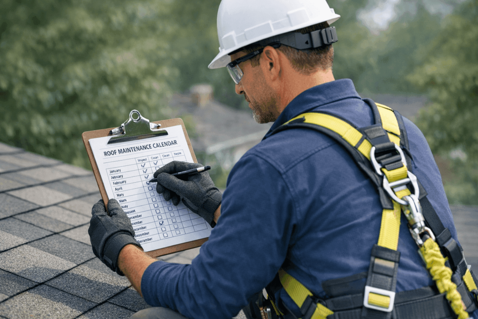 Technician checking off seasonal roof maintenance calendar