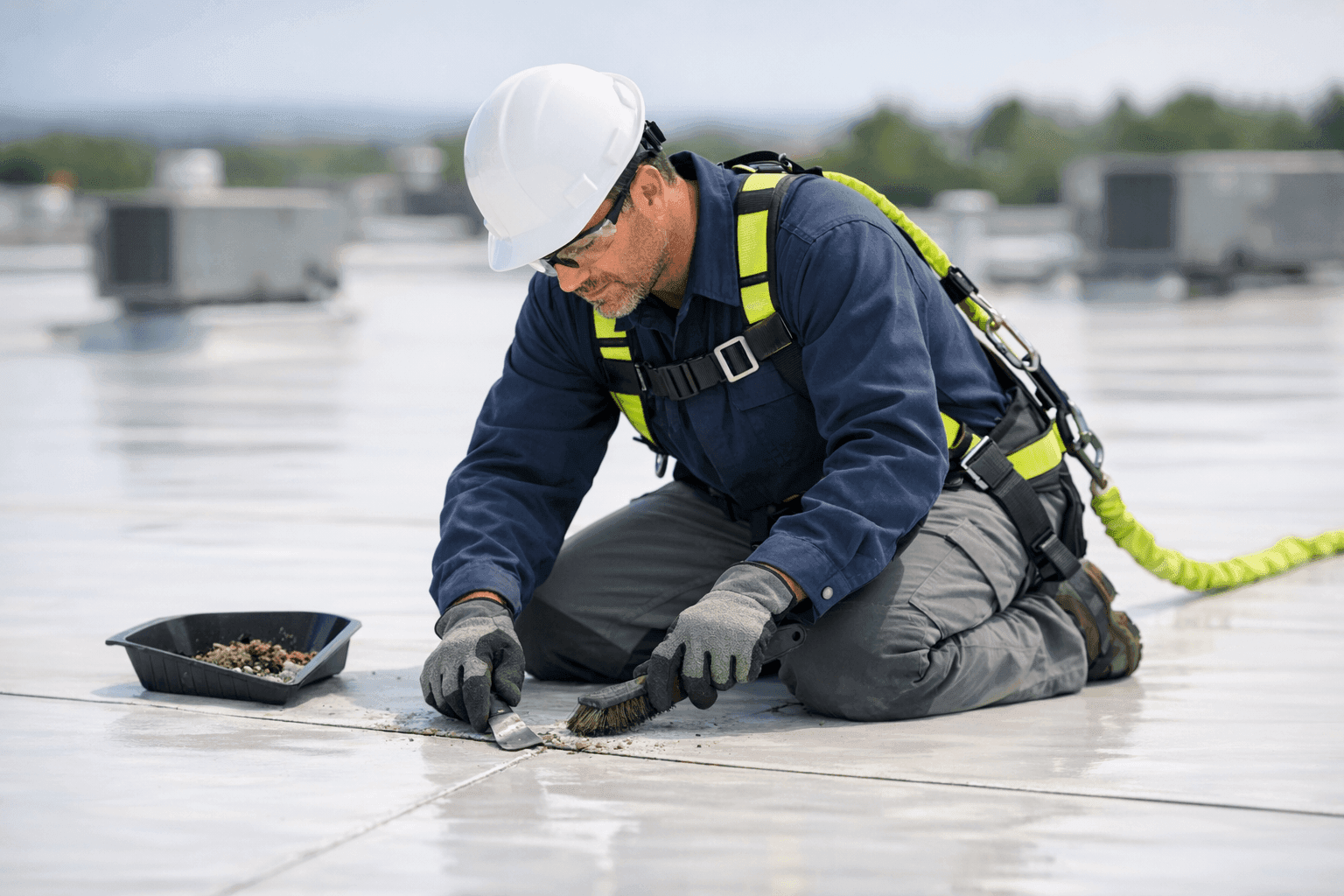 Technician performing maintenance on a commercial flat roof