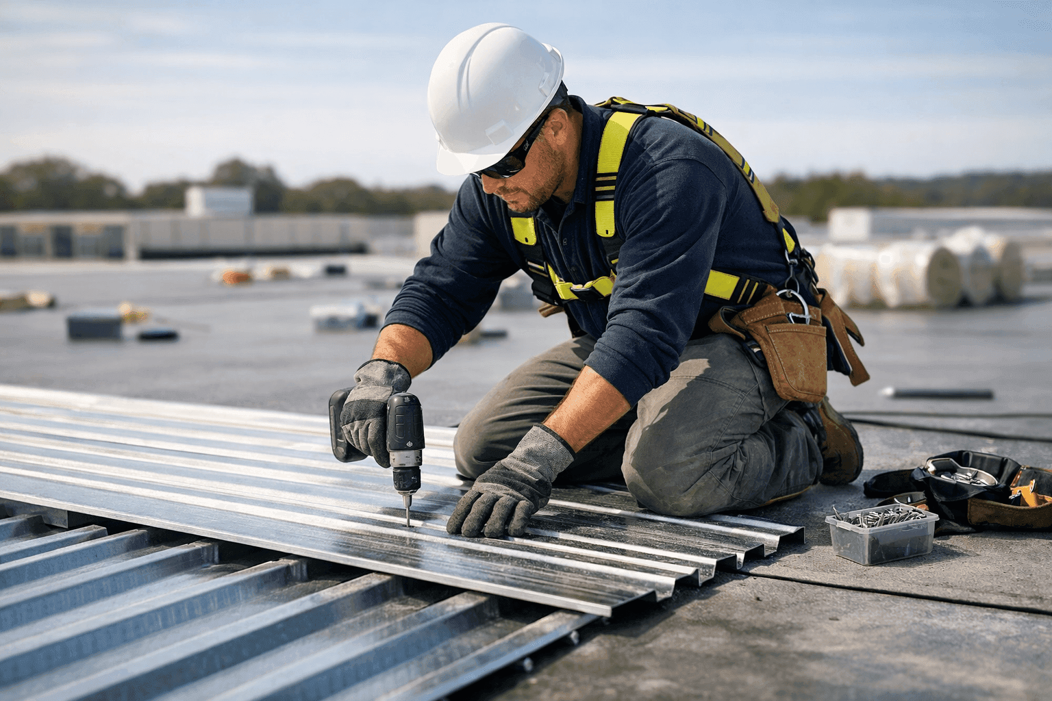 Technician installing decking materials on a commercial flat roof