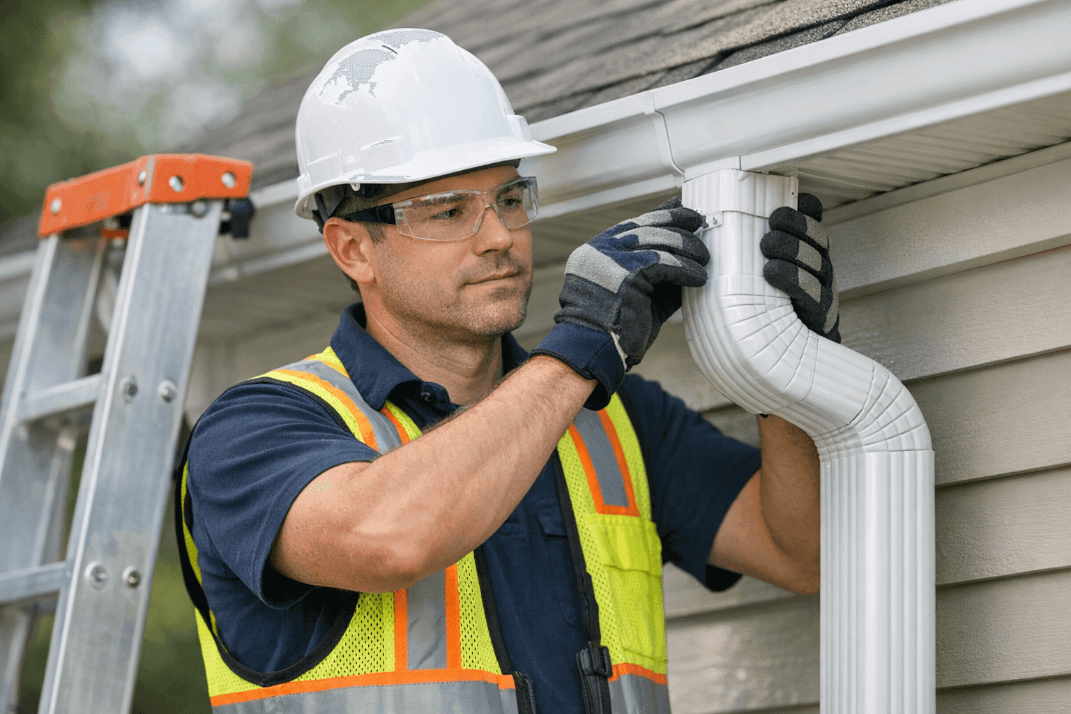 Technician installing new downspout on home