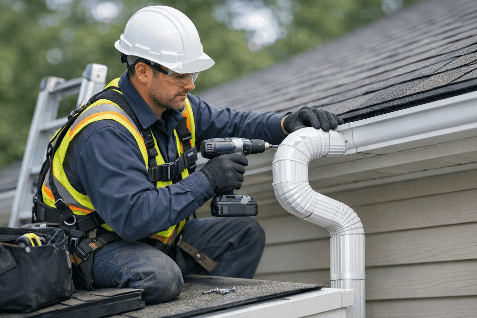 Technician repairing and installing downspouts on a residential roof