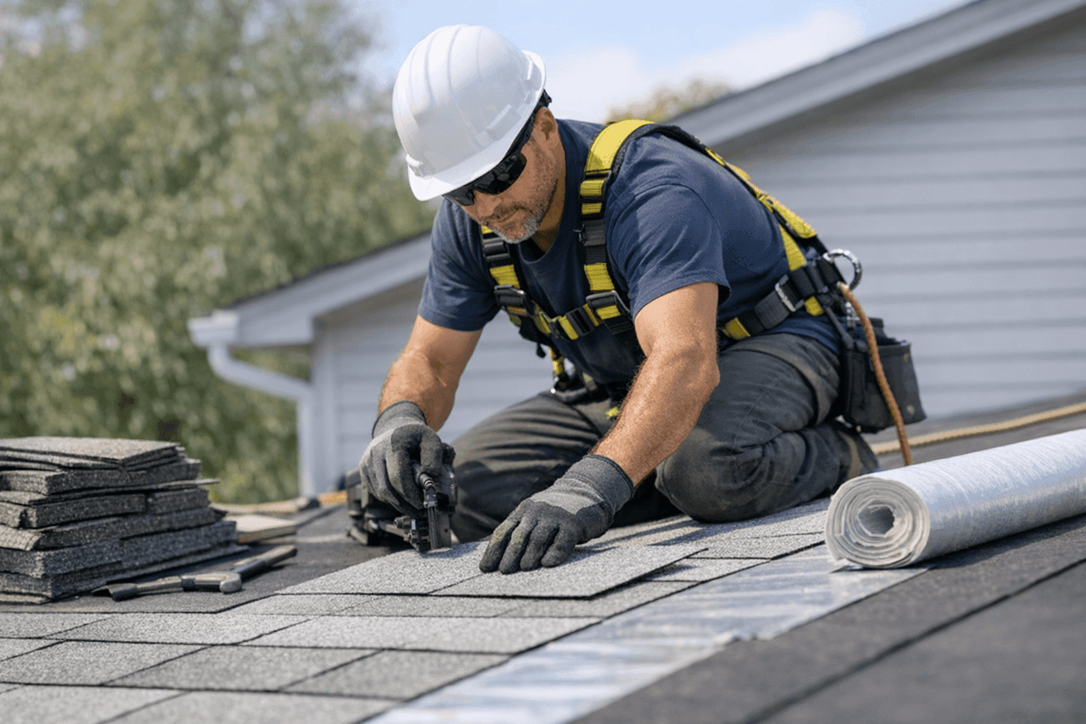 Technician installing sustainable roof materials on a green-certified home