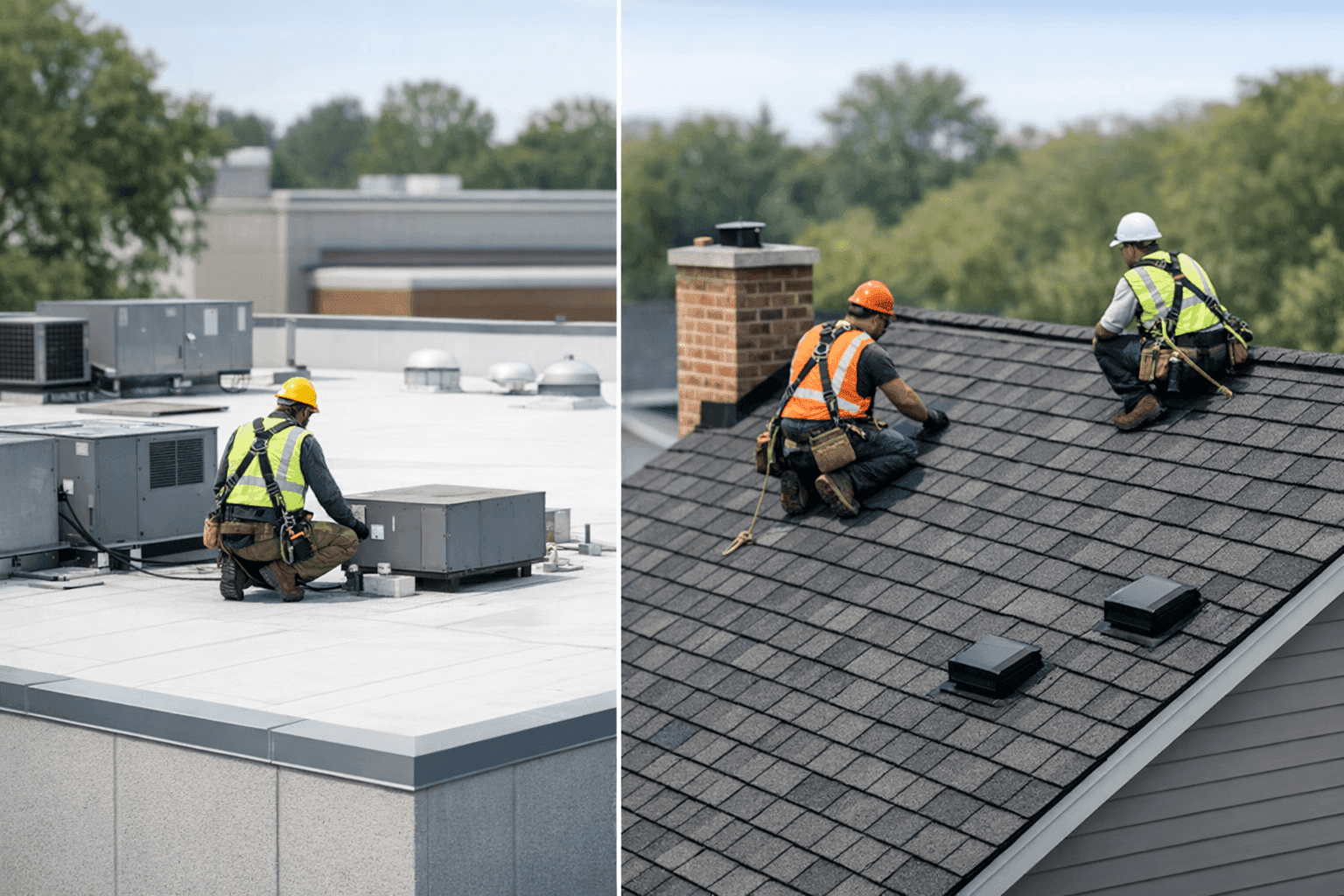 Flat and pitched roofs side by side on commercial and residential buildings