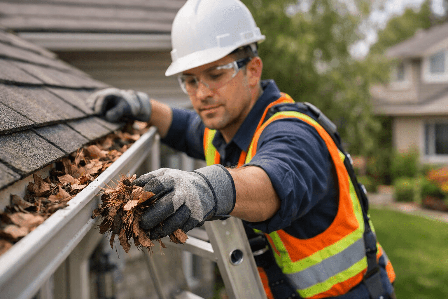 Worker safely cleaning debris from residential gutters on a ladder