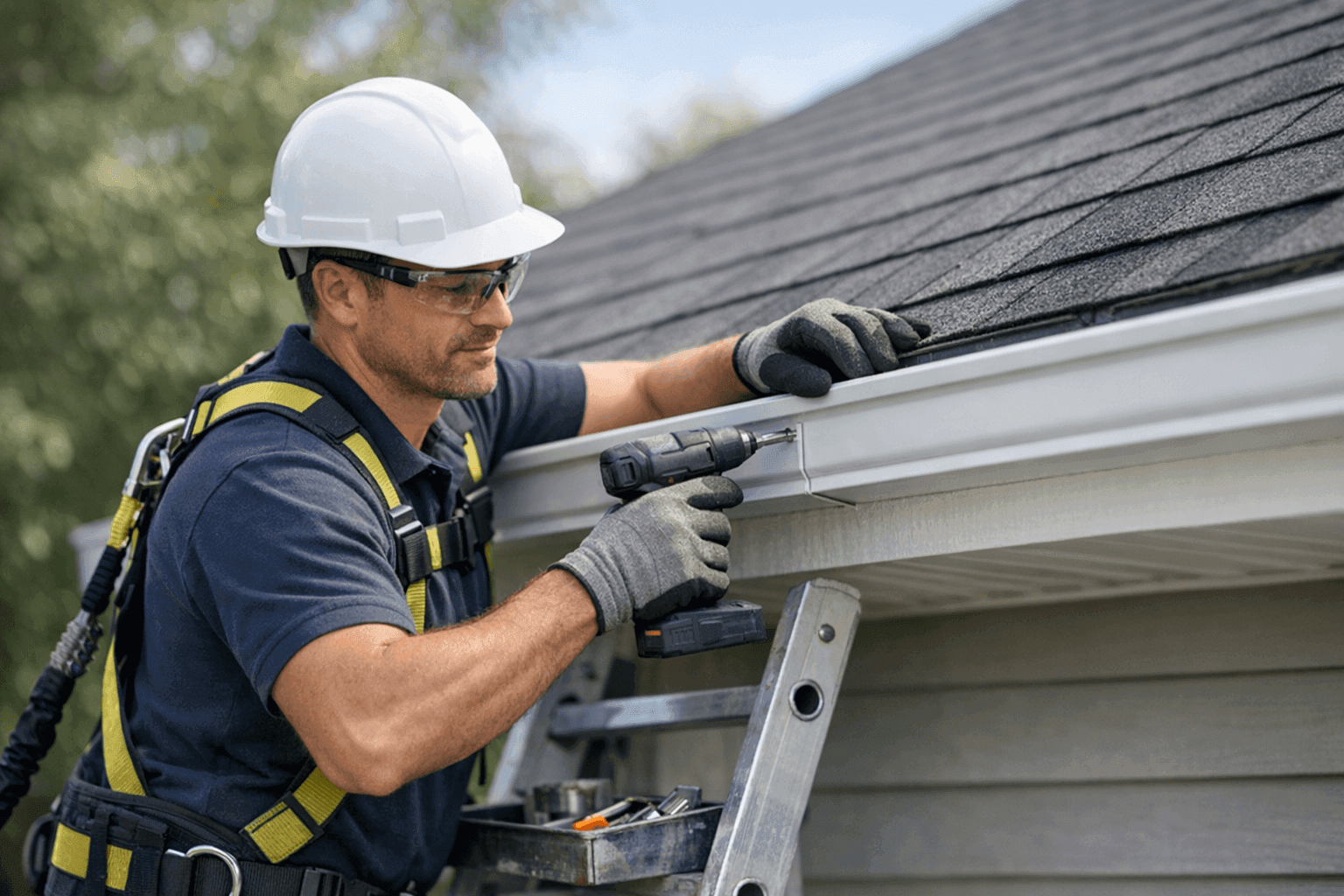 Technician installing seamless gutters on a residential roof edge