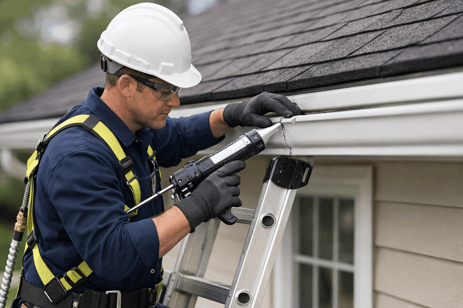 Technician repairing a leaking gutter on home exterior