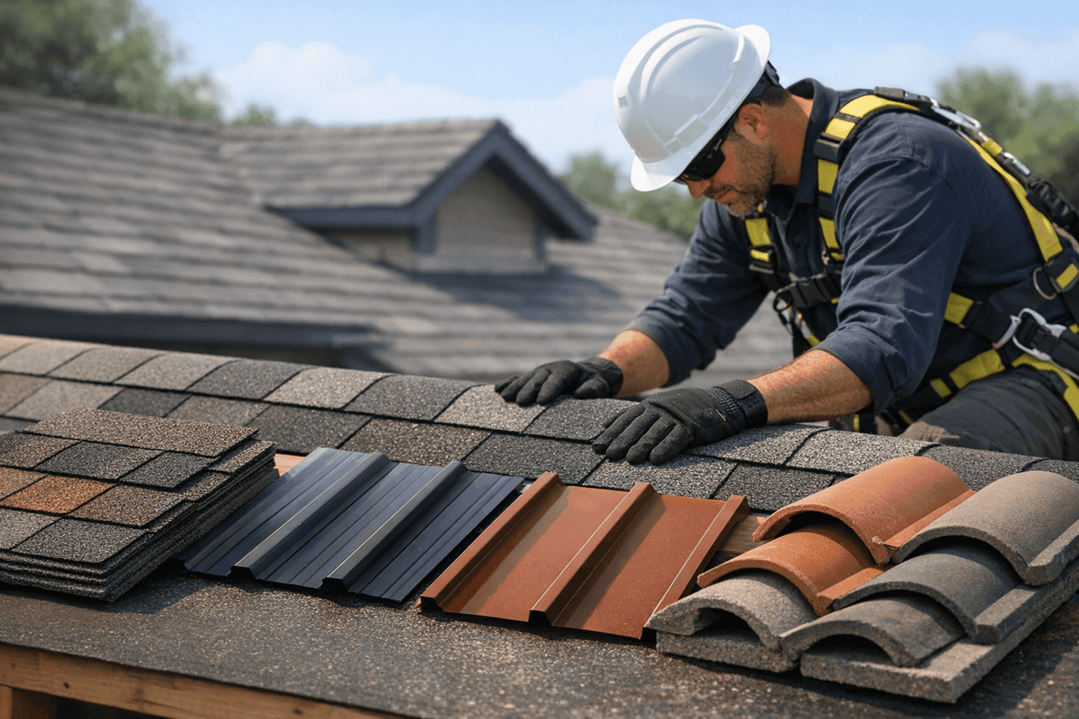 Display of various roofing materials labeled with average lifespans