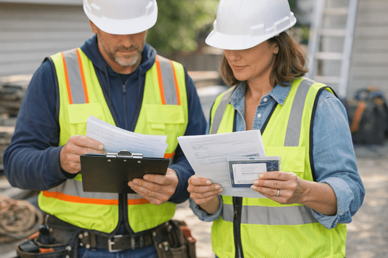 Homeowner reviewing contractor credentials with roofer