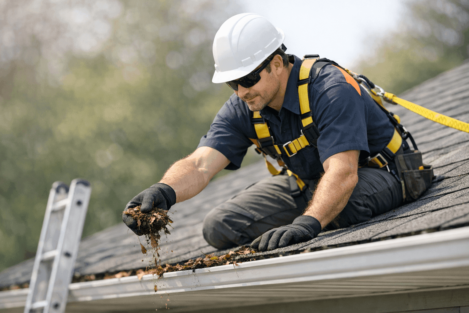 Technician conducting spring roof inspection and cleaning debris