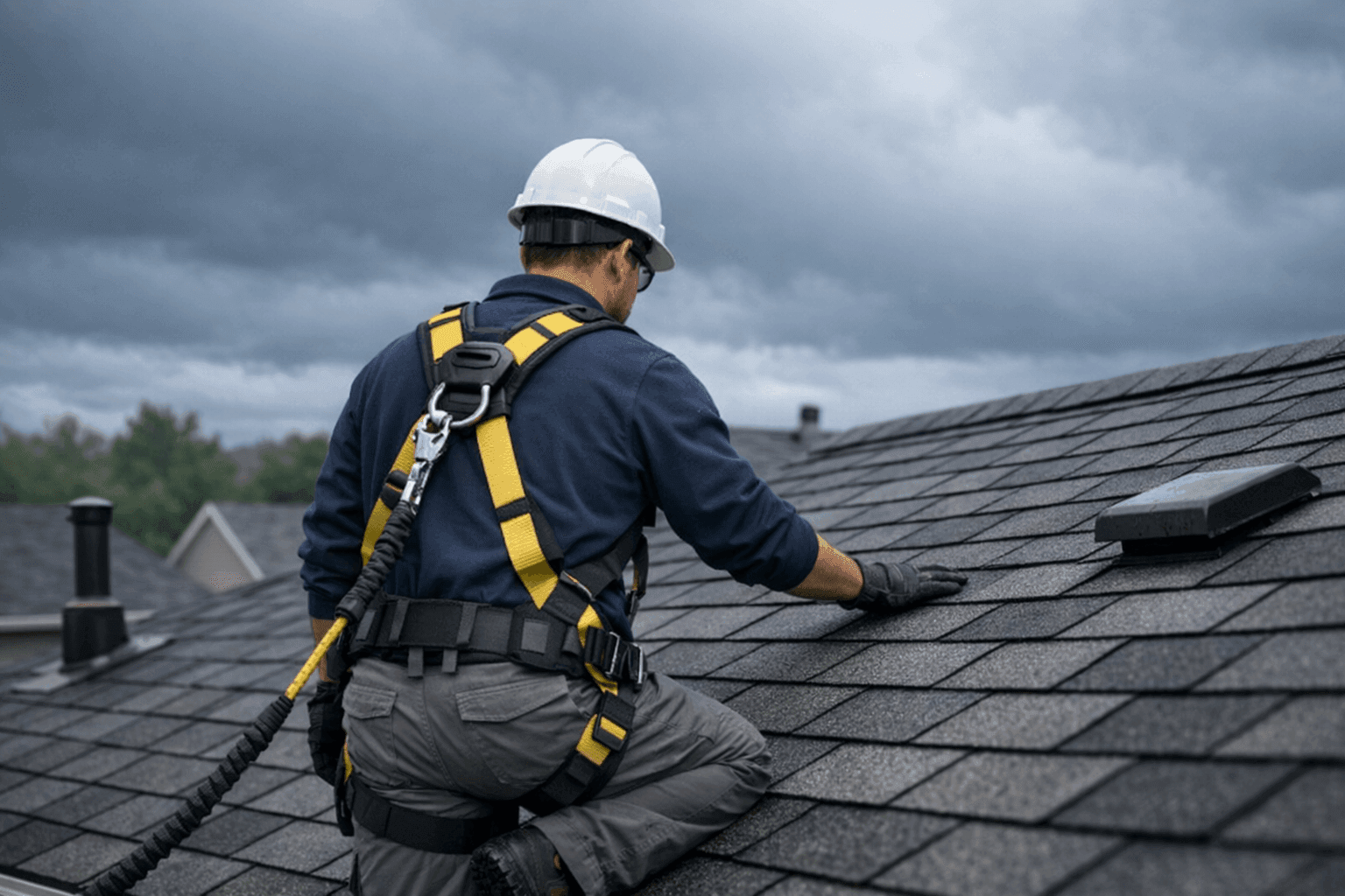 Technician inspecting roof before heavy rain to prevent leaks