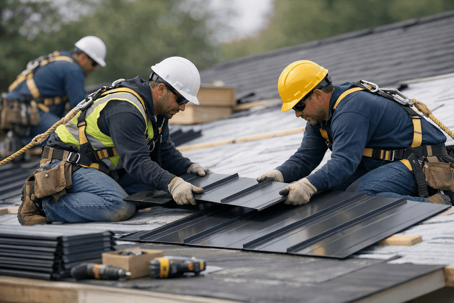 Wide view of metal roofing panels being installed on a house