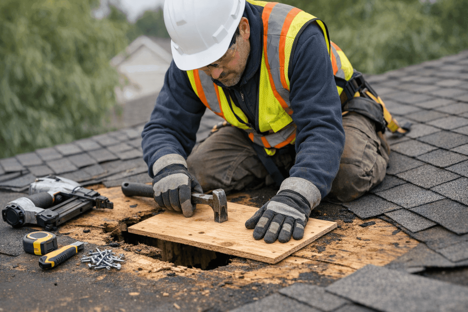 Technician repairing damaged roof decking beneath shingles