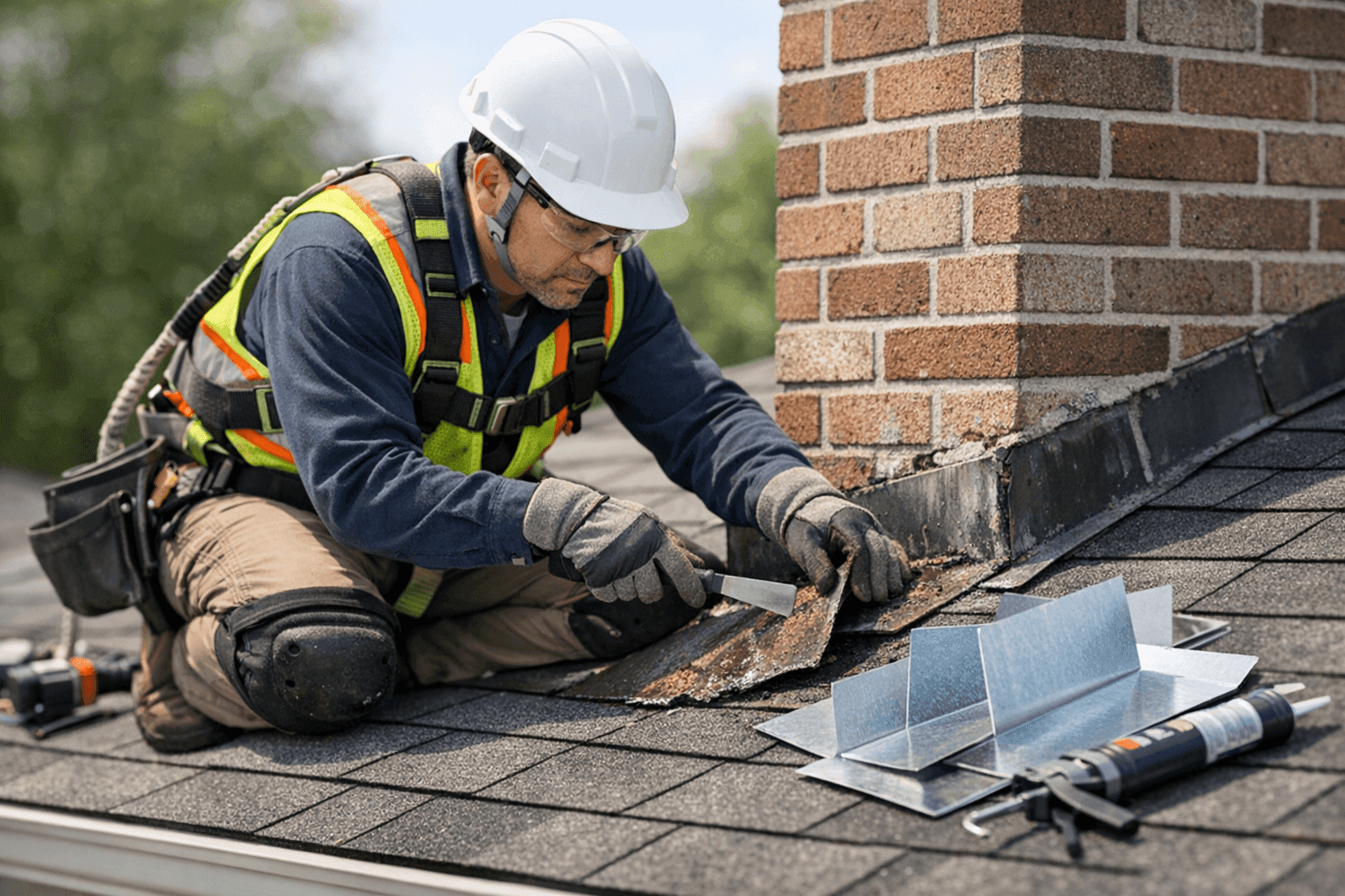 Technician replacing damaged roof flashing