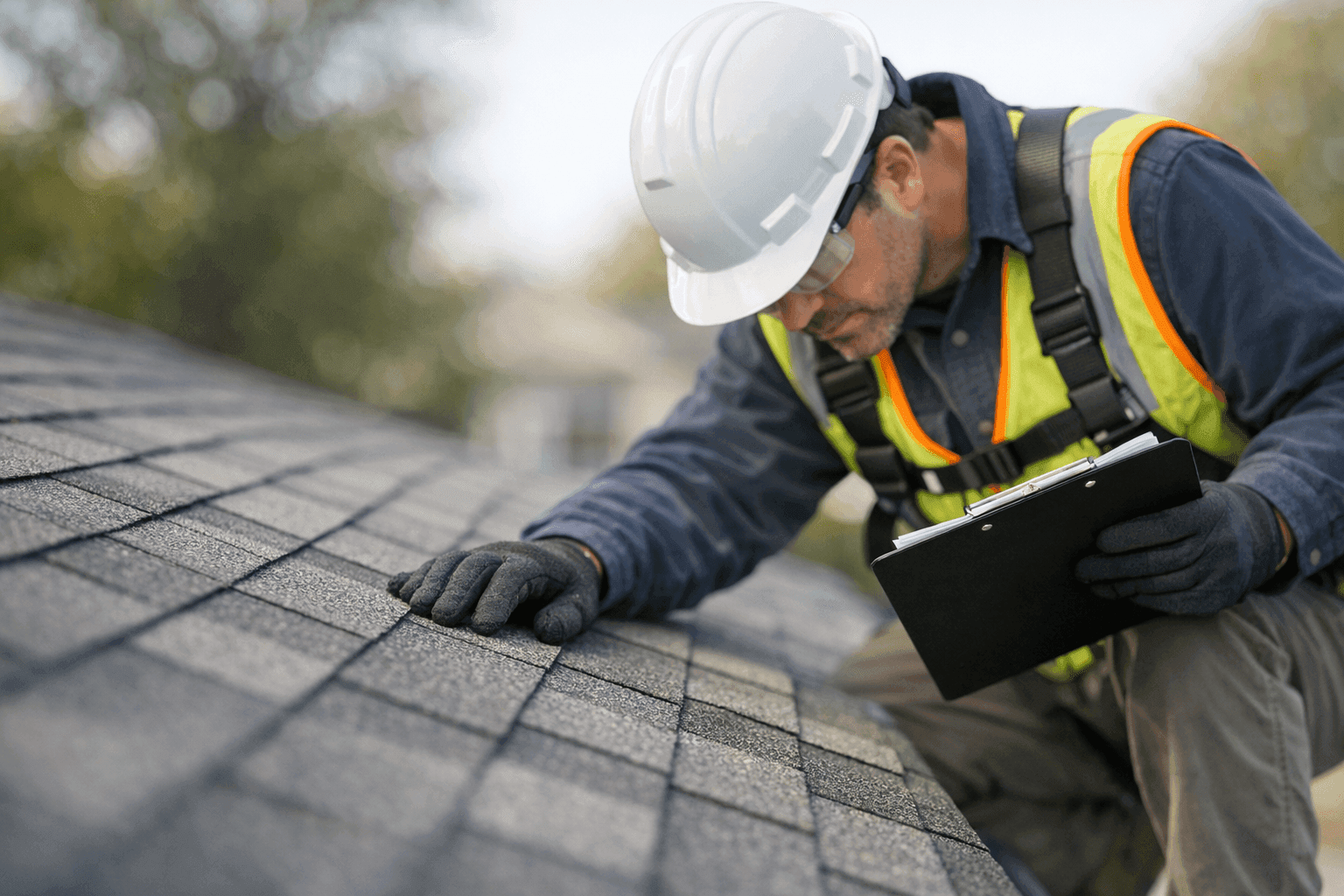 Roof inspector examining shingles with clipboard