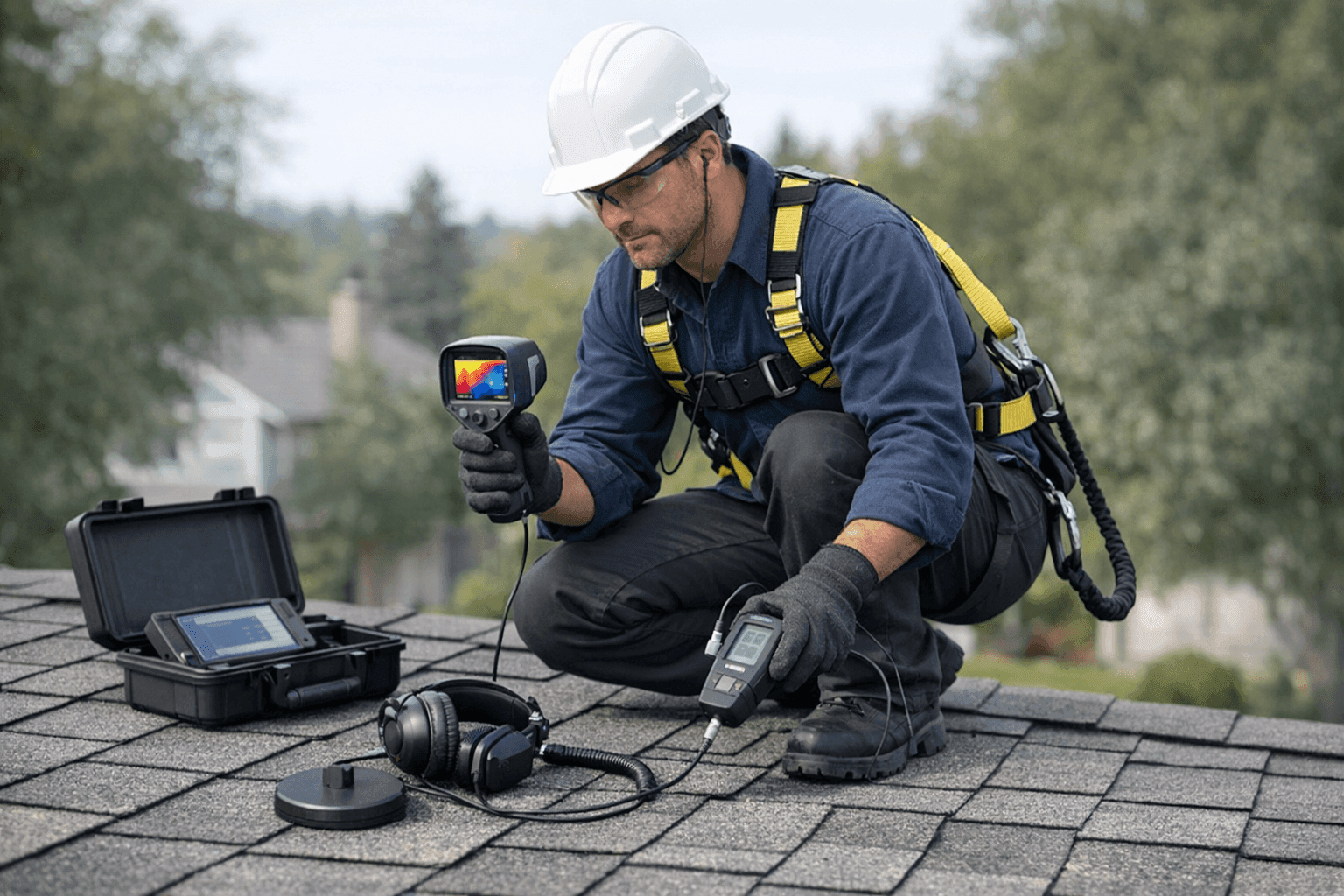 Technician using leak detection tools to inspect a residential roof