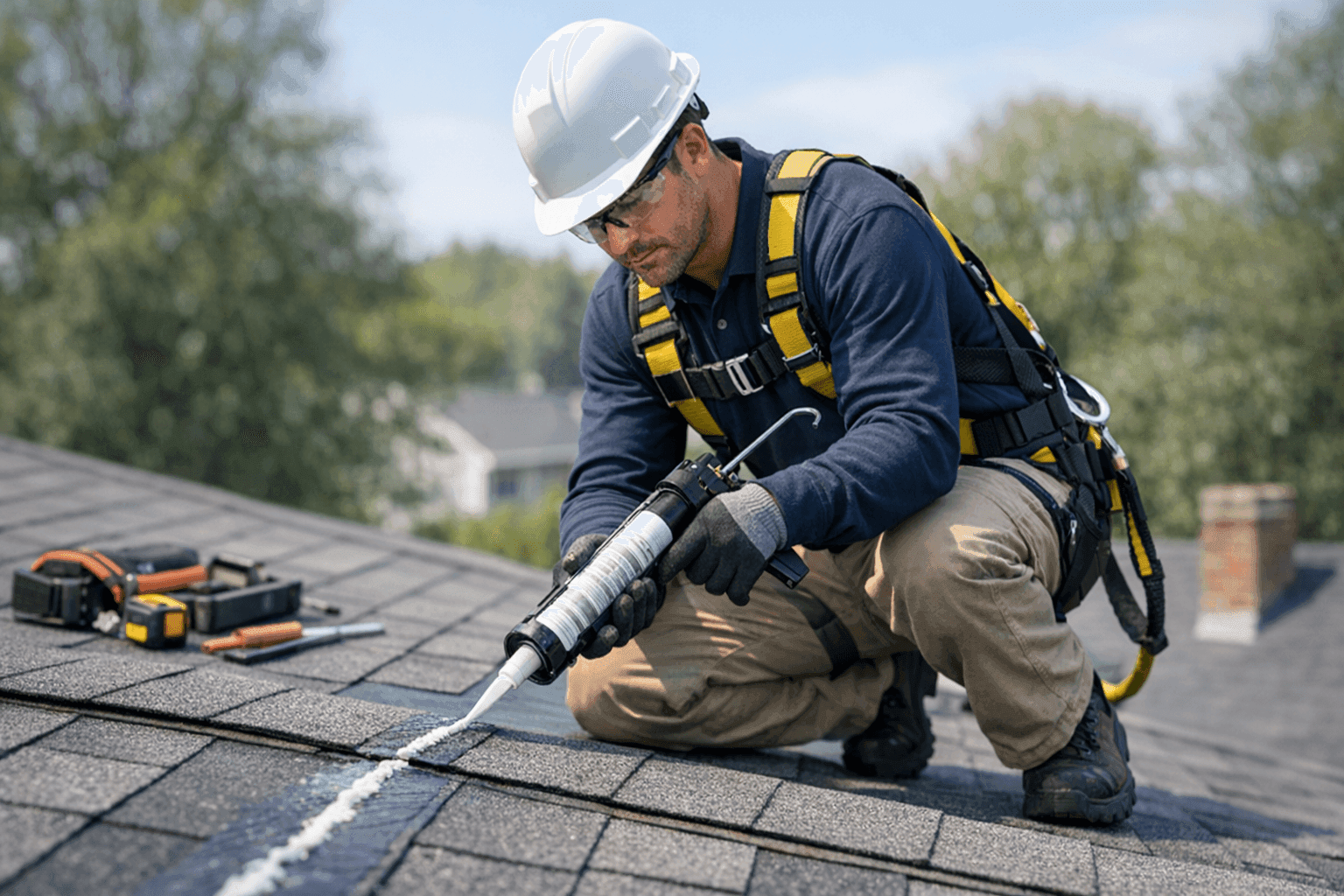 Technician applying waterproof sealant to prevent roof leaks