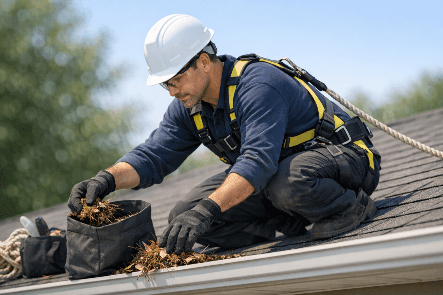Roof technician performing seasonal maintenance on a shingle roof