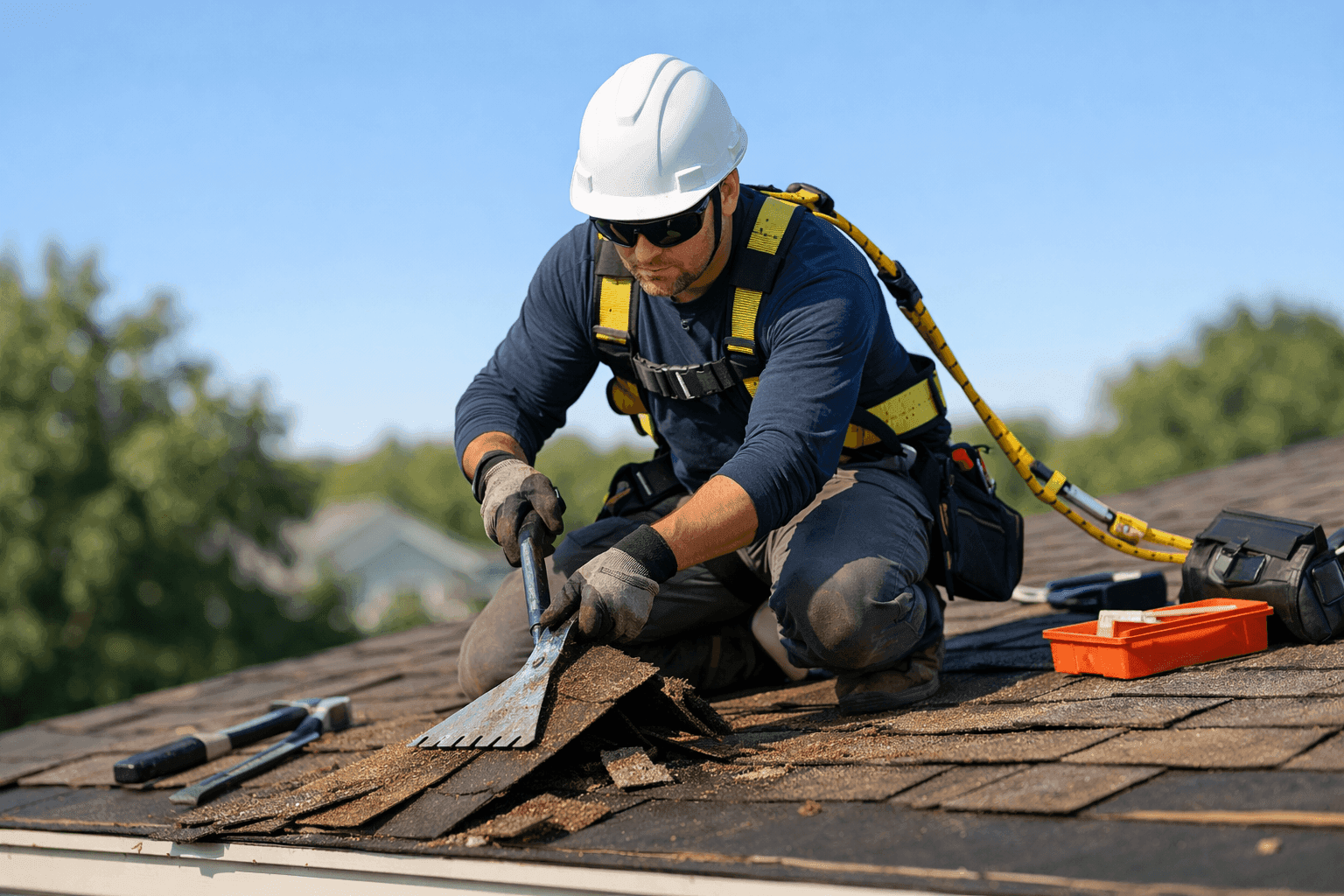 Worker removing old shingles during roof replacement