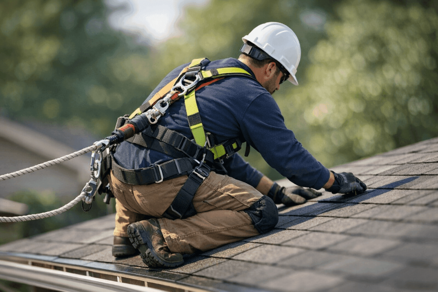 Technician using fall protection equipment while working on roof