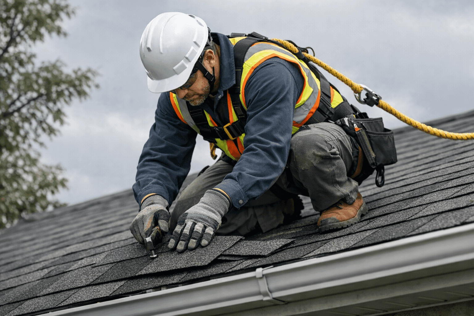 Technician securing shingles before storm