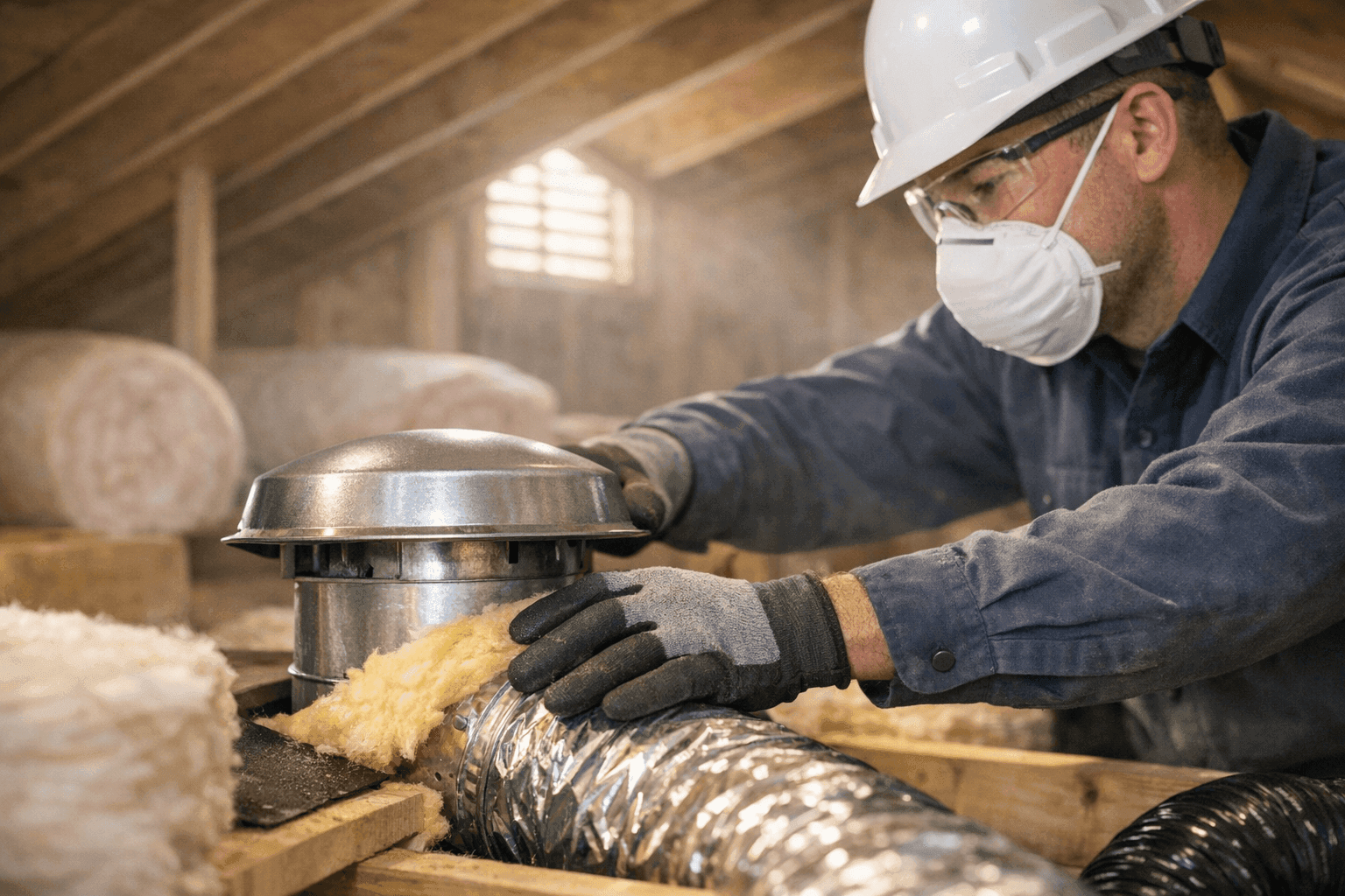 Technician installing insulation and ventilation system in attic