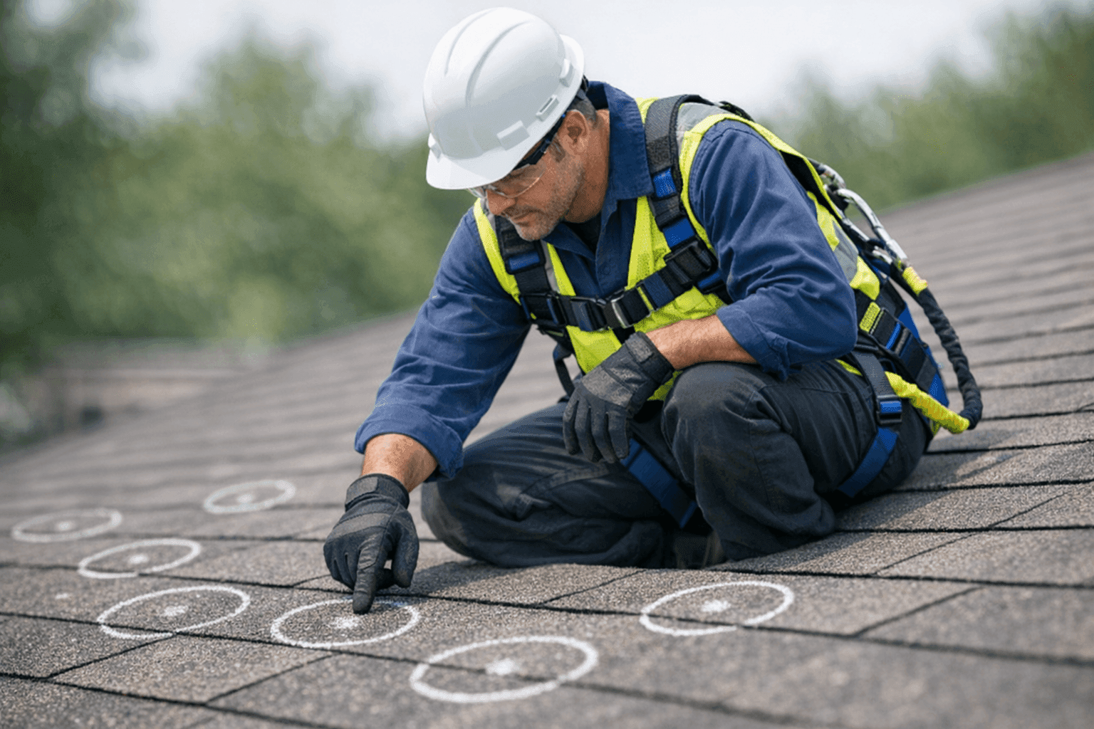 Technician inspecting shingle roof for hail damage