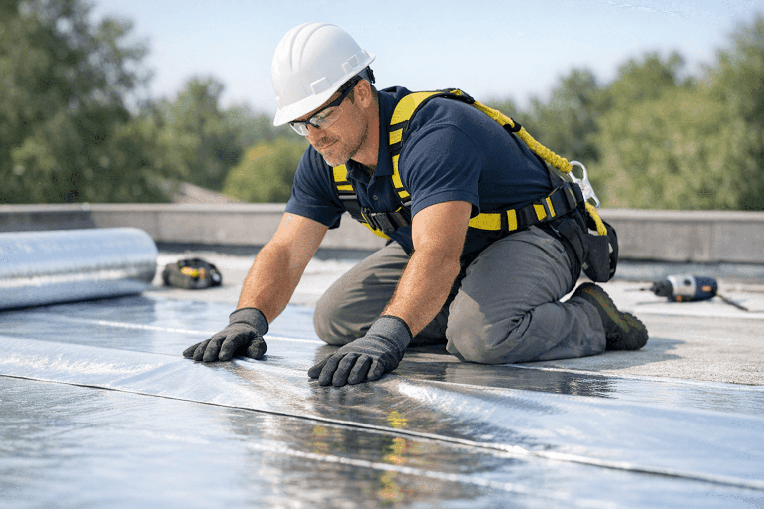 Technician installing energy-efficient roof materials