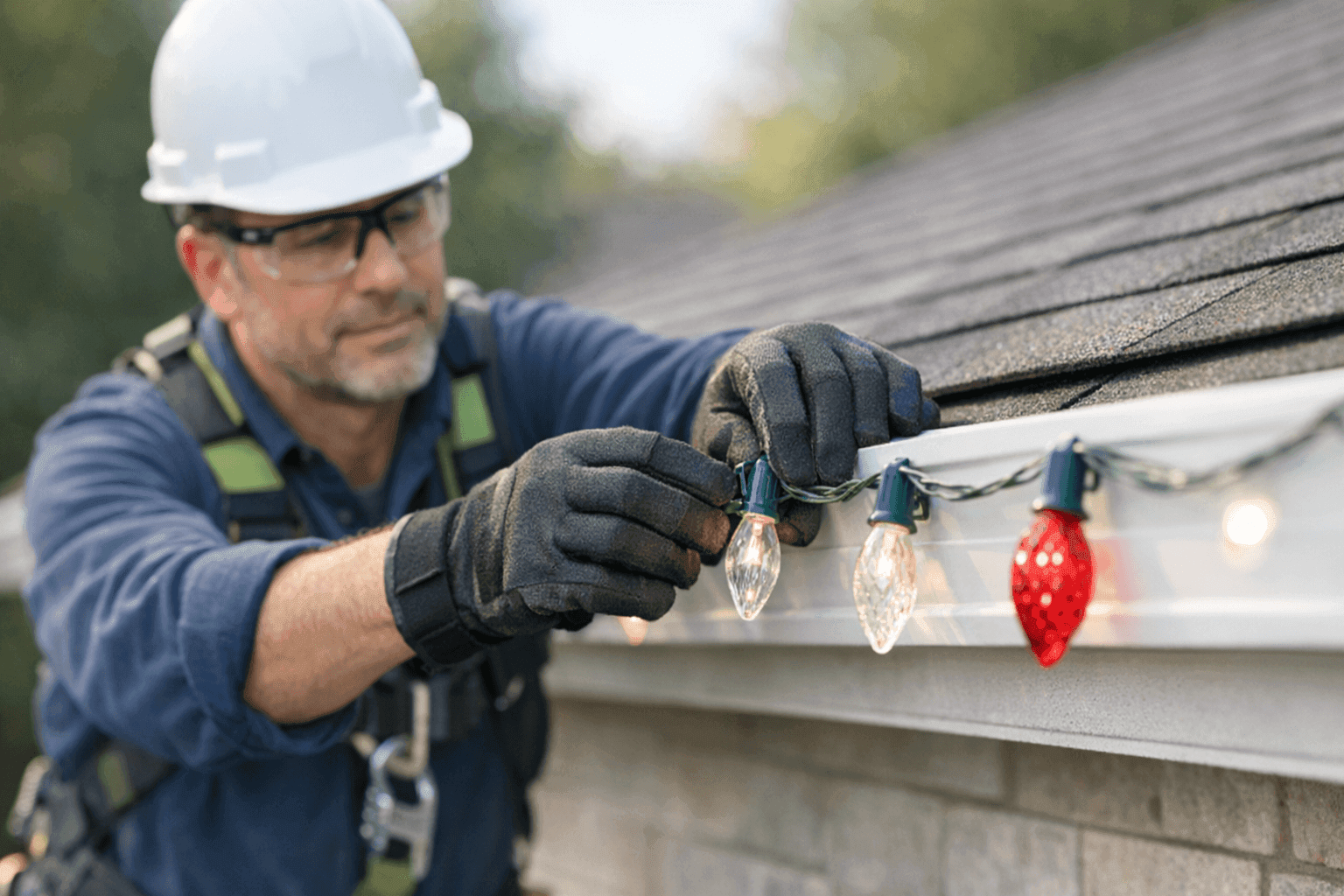 Homeowner safely hanging holiday lights on roof edge with PPE