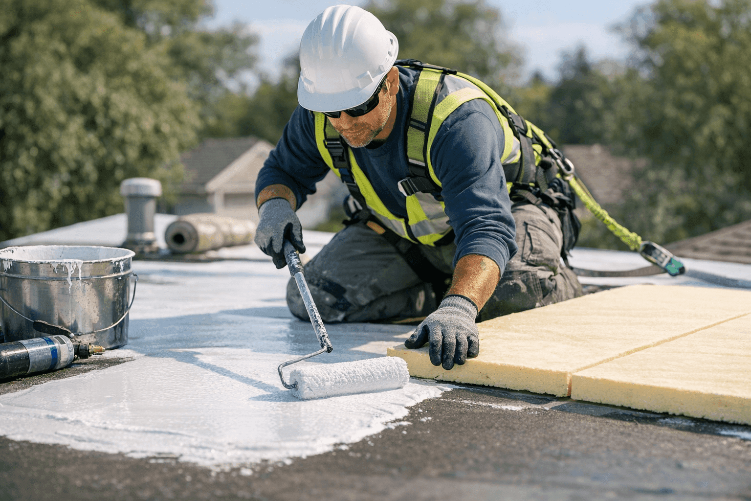 Technician applying cool roof coating and insulation upgrades