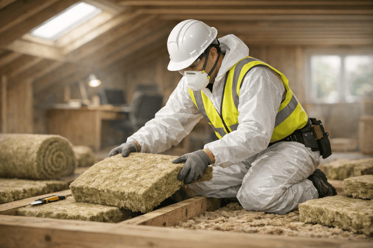 Technician upgrading roof insulation for a quiet home office environment
