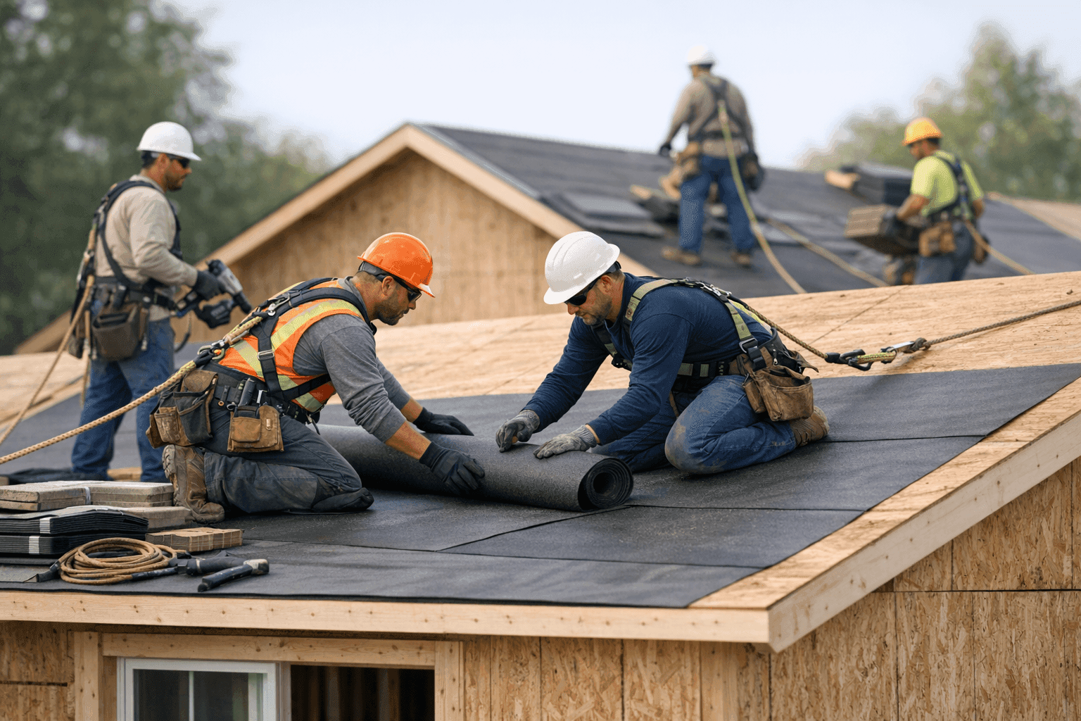 Crew installing new roof on a house under construction