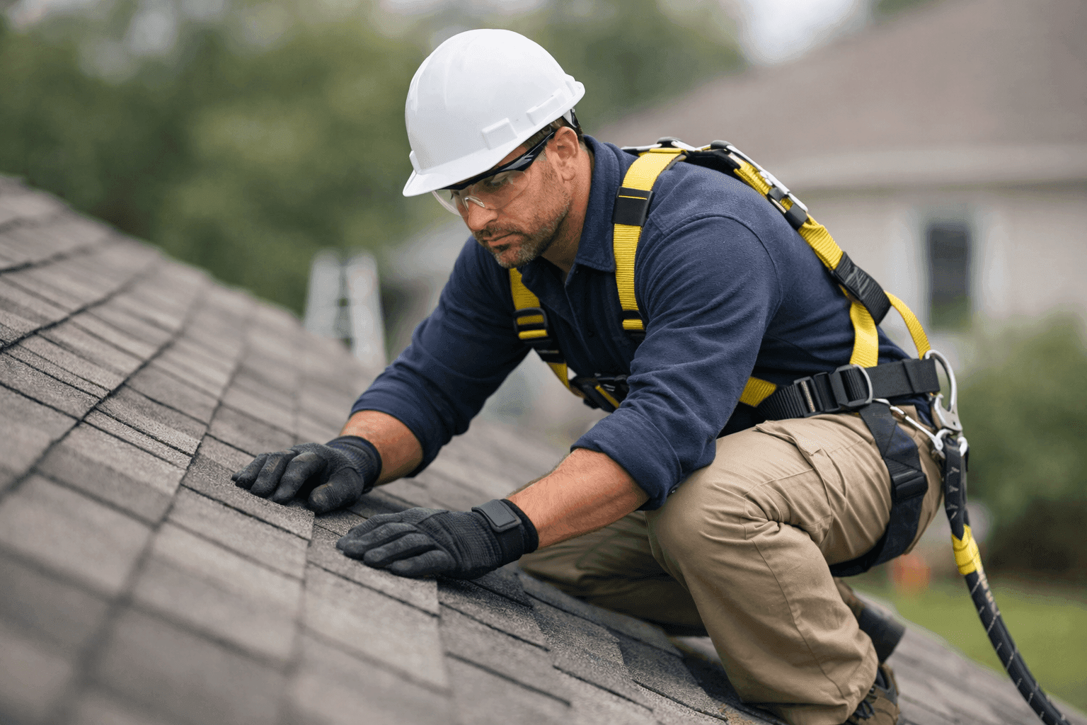 Inspector examining roof during homebuyer walkthrough