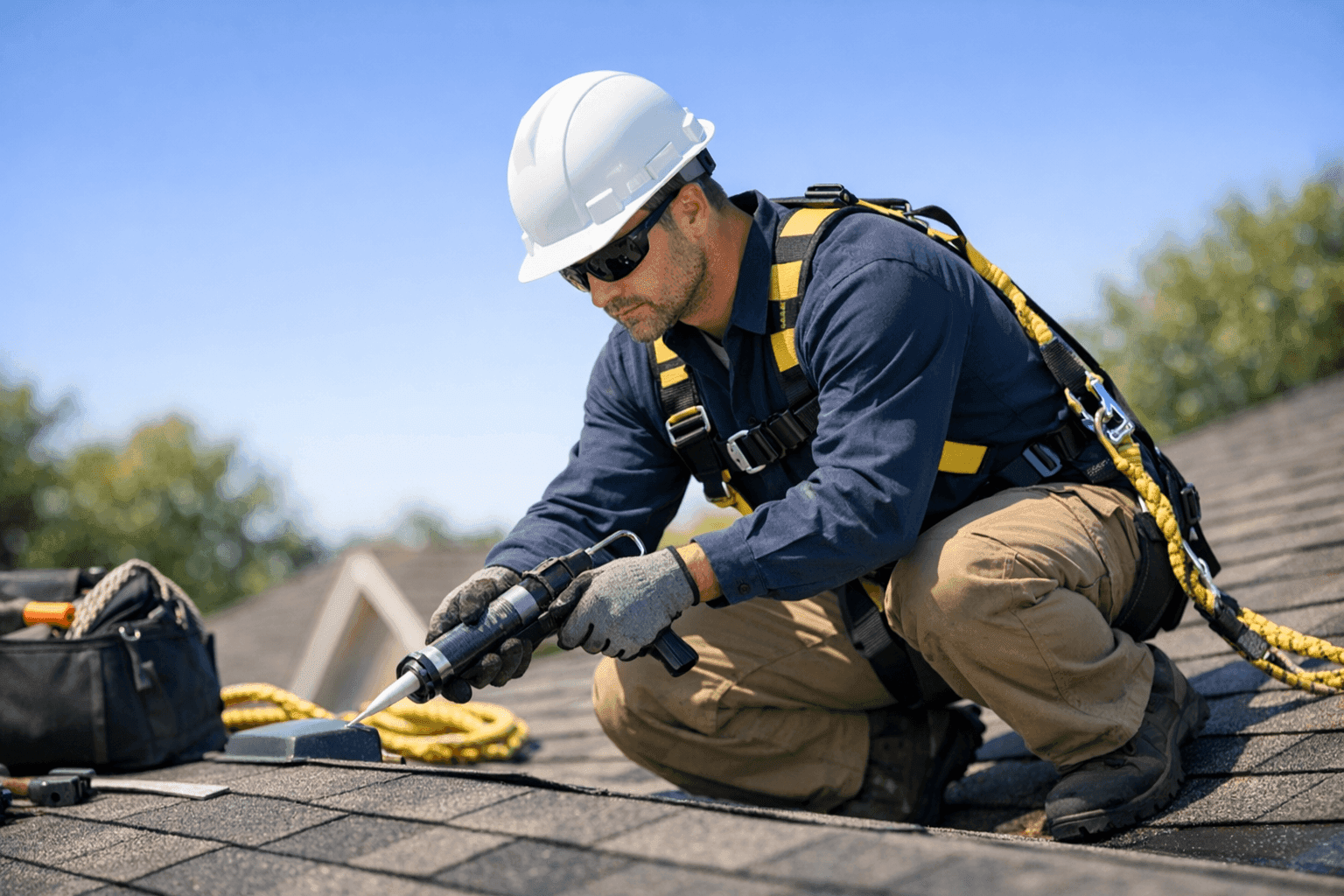 Technician performing summer roof maintenance on sunlit roof
