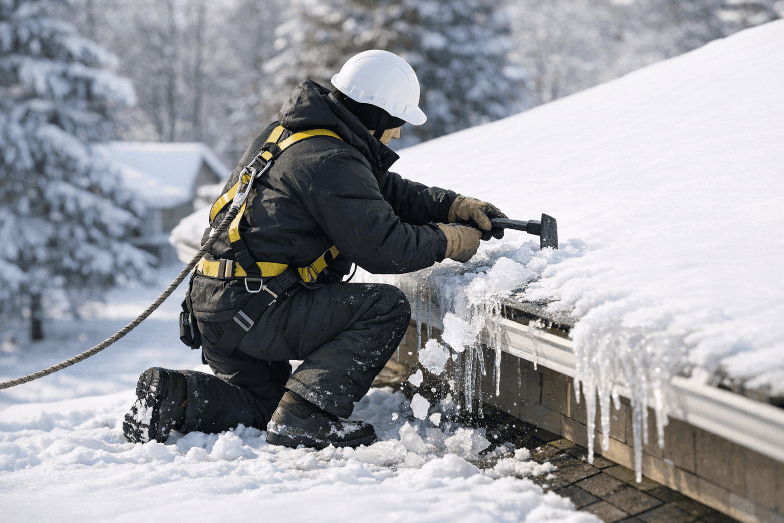 Technician removing ice buildup from a residential roof edge in winter