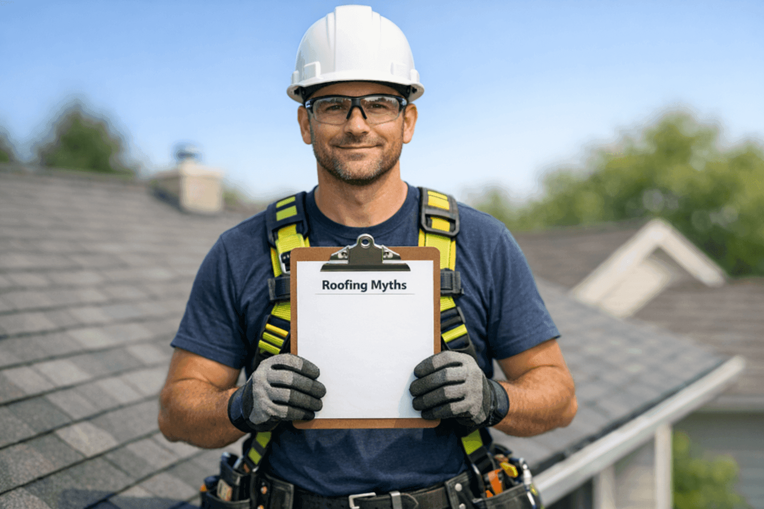 Technician dispelling roofing myths with checklist