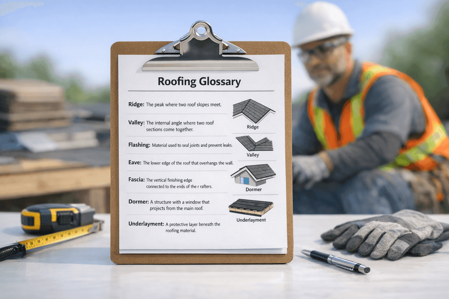 Closeup of roofing glossary terms and diagrams on clipboard
