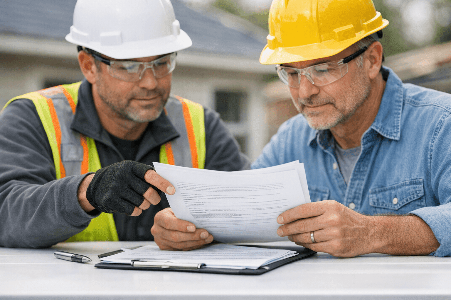 Homeowner reviewing roofing warranty documents with contractor