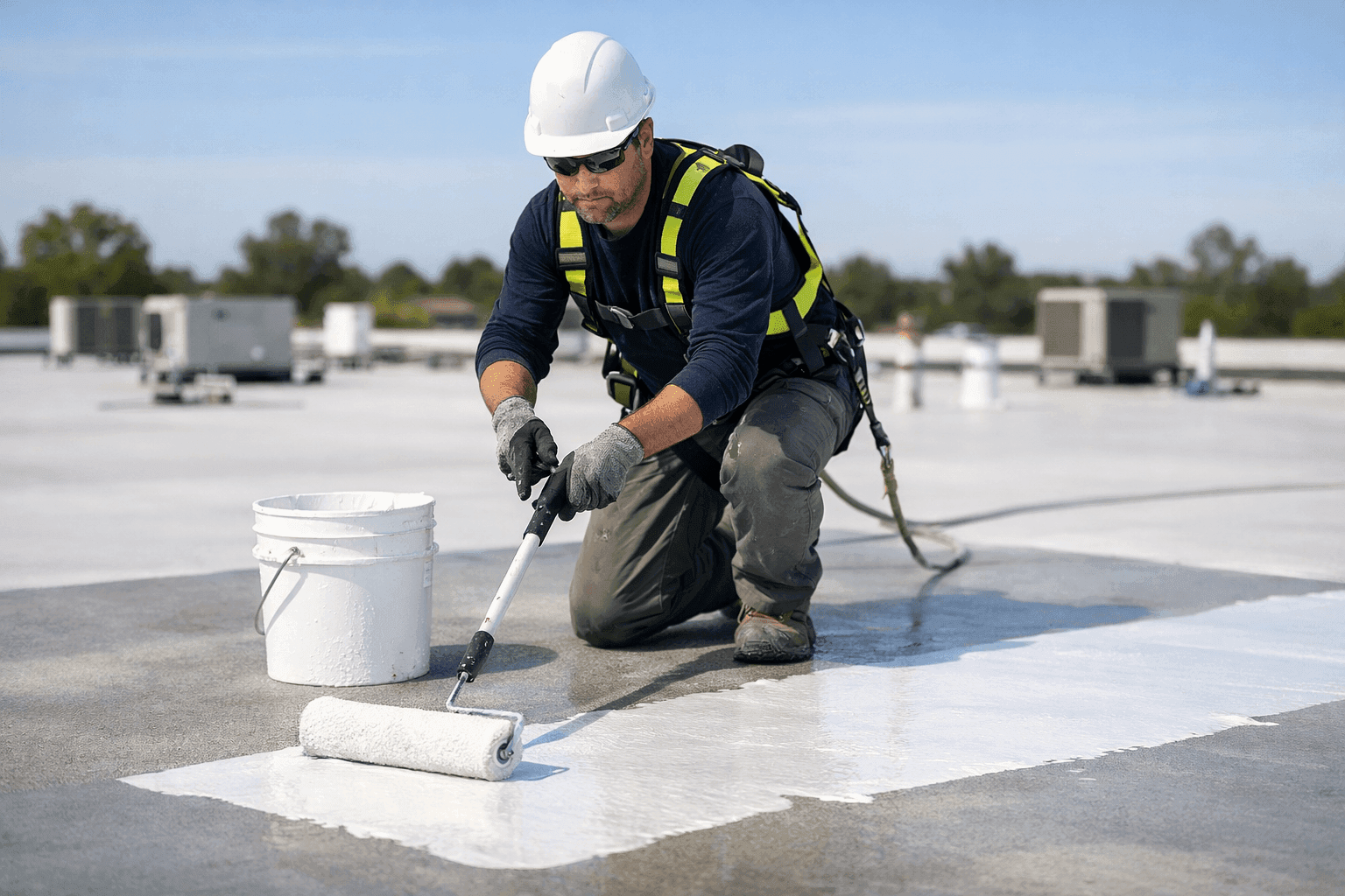 Technician applying protective coating to a flat commercial roof