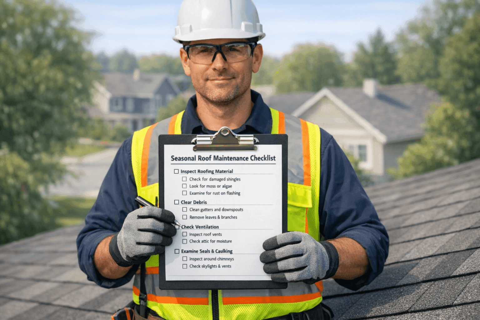 Technician holding seasonal roof maintenance checklist