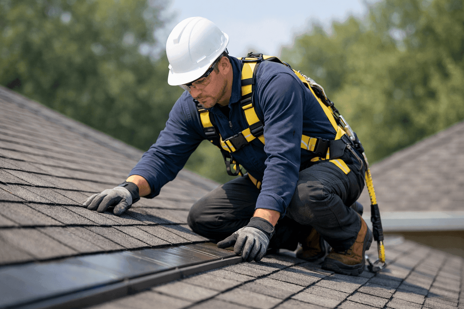 Inspector examining residential roof for damage and wear