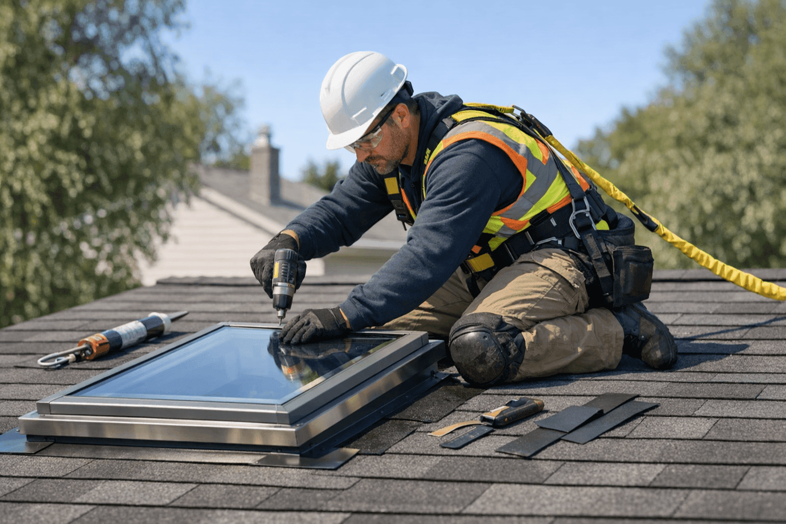 Roofer installing a new skylight on a clean residential roof