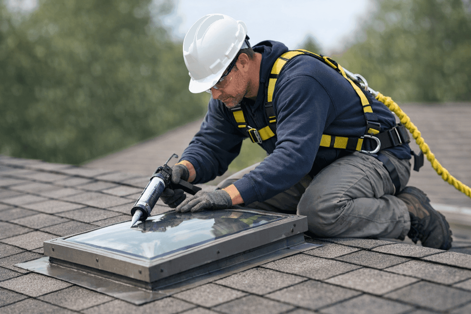 Technician repairing a leaking skylight on a residential roof