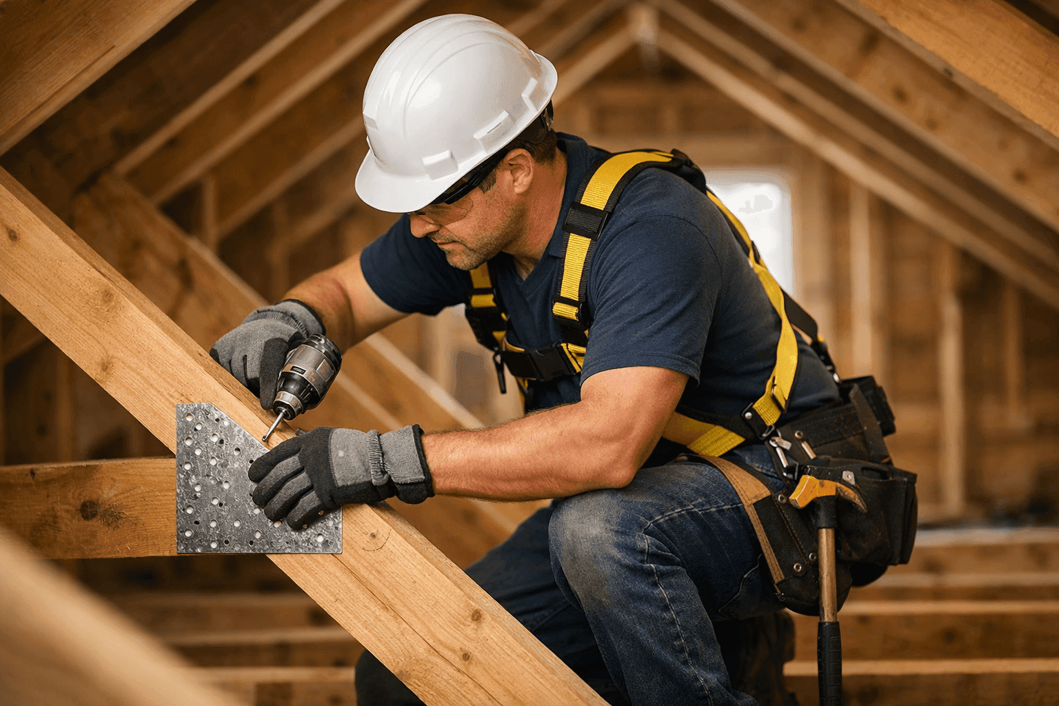 Technician reinforcing roof trusses during structural repair