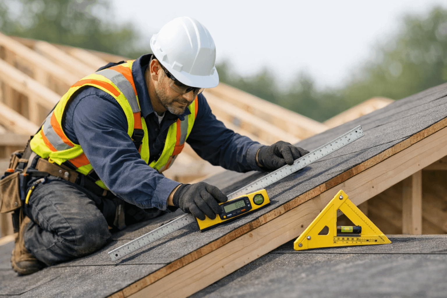 Technician measuring roof pitch on a new construction project