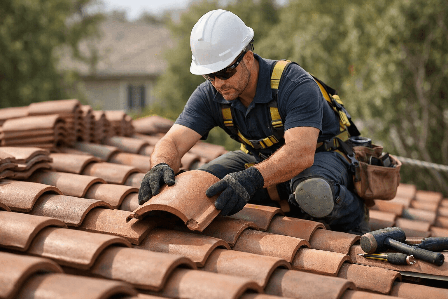 Technician installing clay tile roofing on a residential home