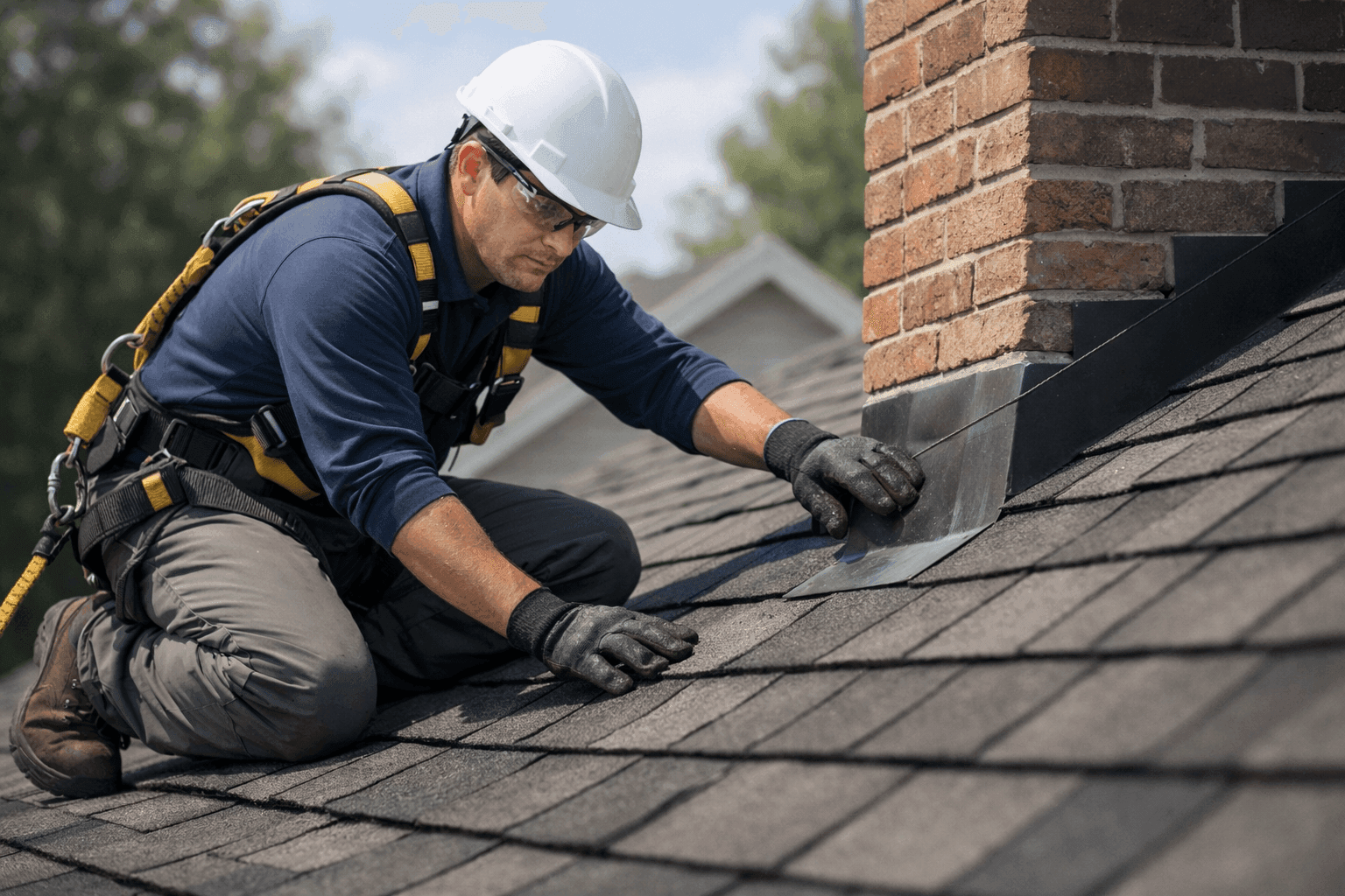 Inspector examining roof shingles and flashing during routine inspection