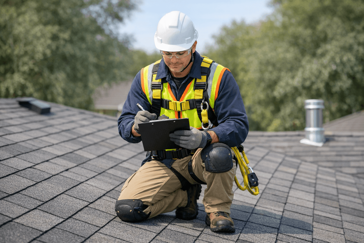 Inspector reviewing roof checklist during a professional inspection