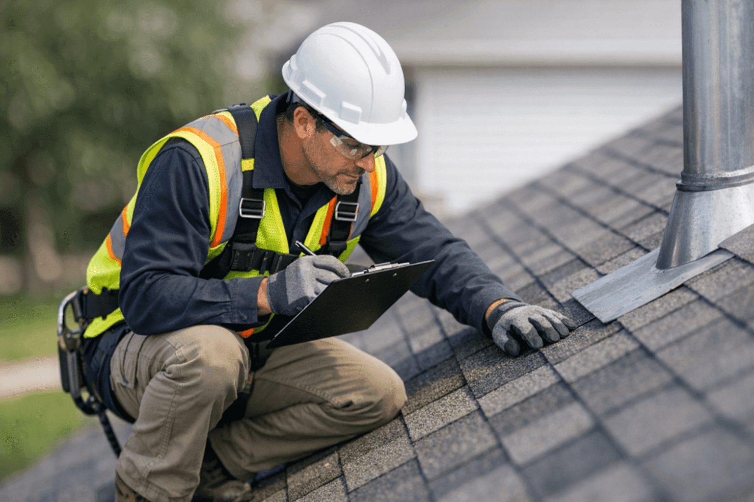 Technician reviewing inspection schedule and warning signs on a roof