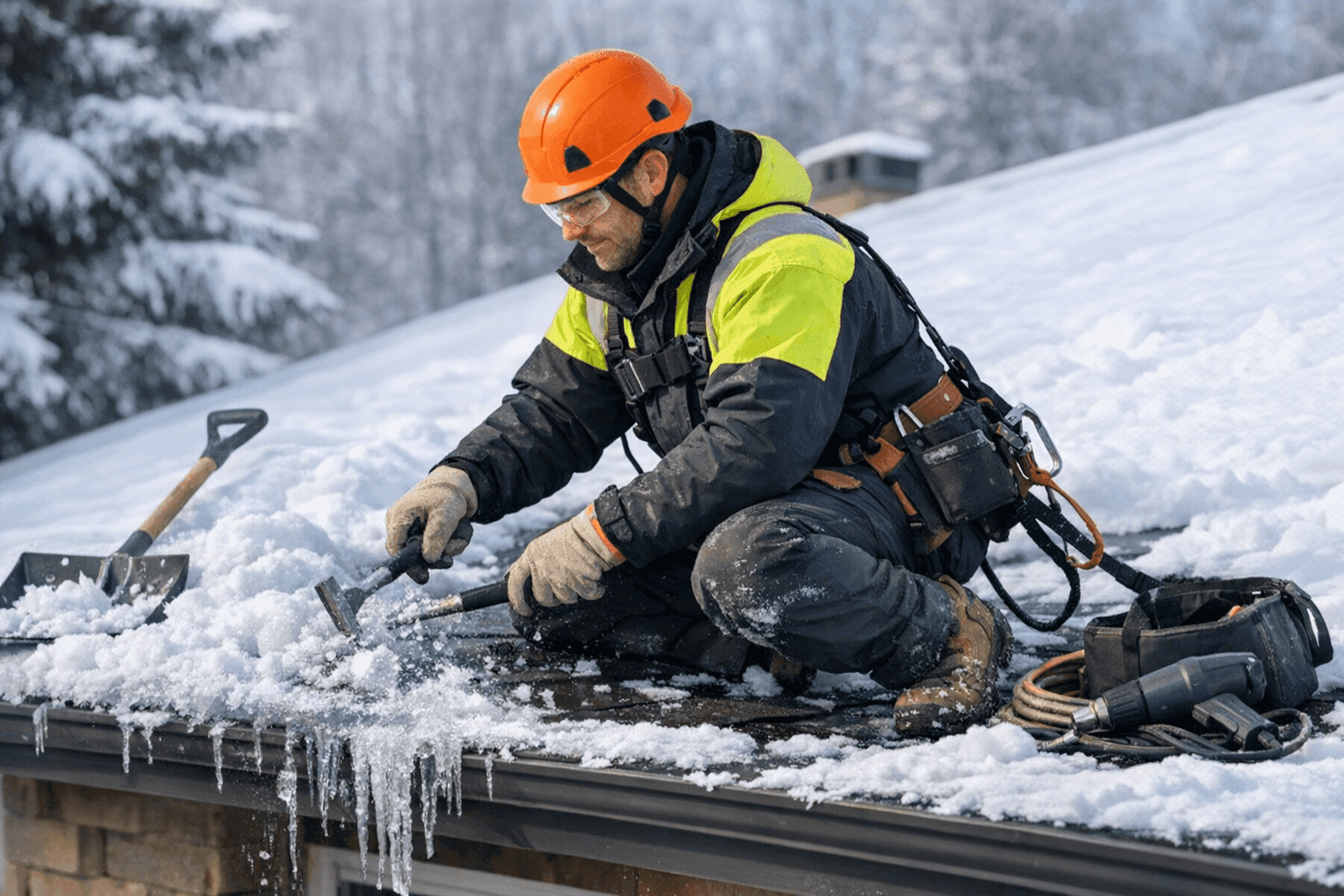 Technician removing snow and repairing ice damage on residential roof